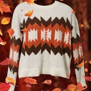 Francesca's Sz Small Betty Aztec Pullover Sweater Cropped Crew Neck Ivory Brown